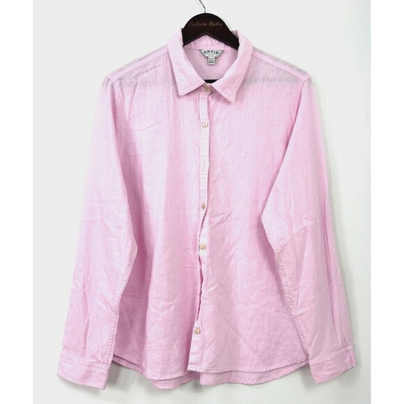 Orvis Womens Linen Shirt Pink Sz XL Button Up Roll Tab Sleeve Linen Blend 1056T2 - Picture 1 of 11